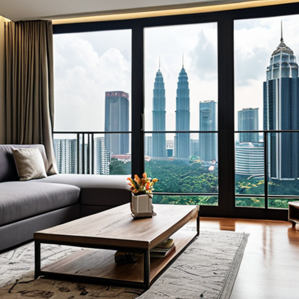 **Image Prompt:** A modern apartment interior in Kuala Lumpur, Malaysia. Focus on a comfortable living space with a view of the city skyline. Subtle elements suggest both rental income (a laptop showing rental management software) and appreciation in value (a framed news article about Klang Valley property price increases).