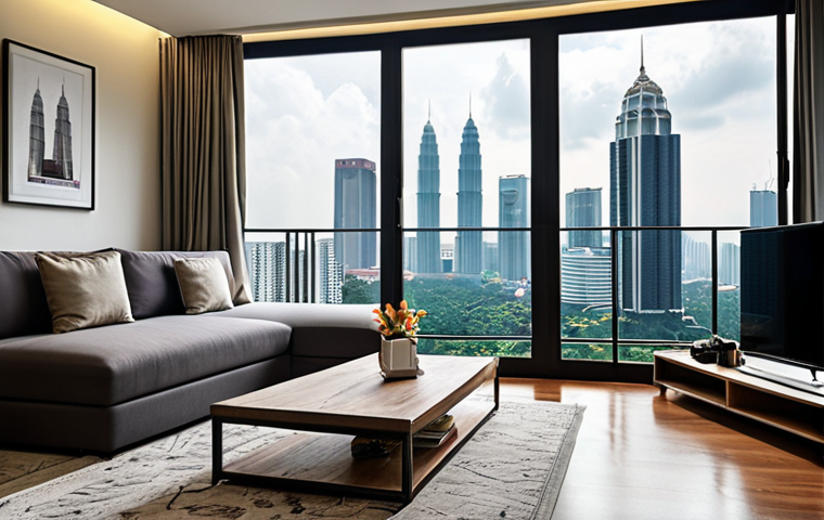 **Image Prompt:** A modern apartment interior in Kuala Lumpur, Malaysia. Focus on a comfortable living space with a view of the city skyline. Subtle elements suggest both rental income (a laptop showing rental management software) and appreciation in value (a framed news article about Klang Valley property price increases).