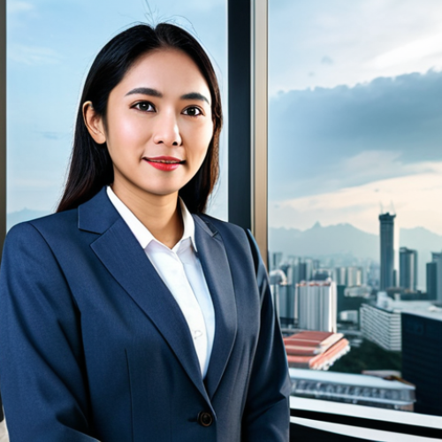 **

A professional businesswoman in a modest business suit, standing in a modern office with a Kuala Lumpur city view in the background, fully clothed, appropriate attire, safe for work, perfect anatomy, natural proportions, professional photography, high quality.

**